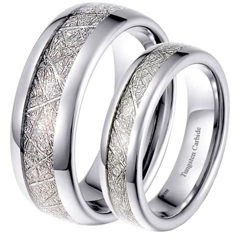 His and Hers Matching Tungsten Meteorite Wedding Couple Rings Set