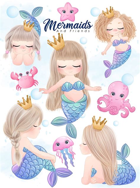 Cute Mermaid and Friends Clipart With Watercolor Digital - Etsy Canada