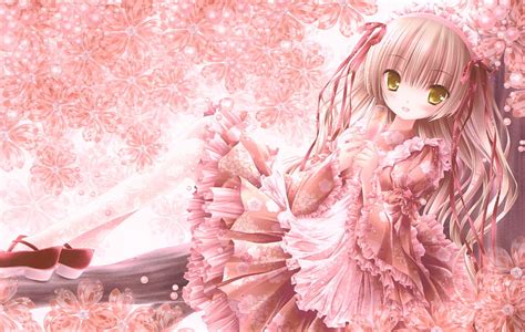 Anime, dress, ribbon, bow, cute, kawaii, golden eyes, flowers, petals ...