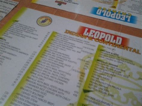 Menu at Leopold Cafe, Mumbai, Police Station