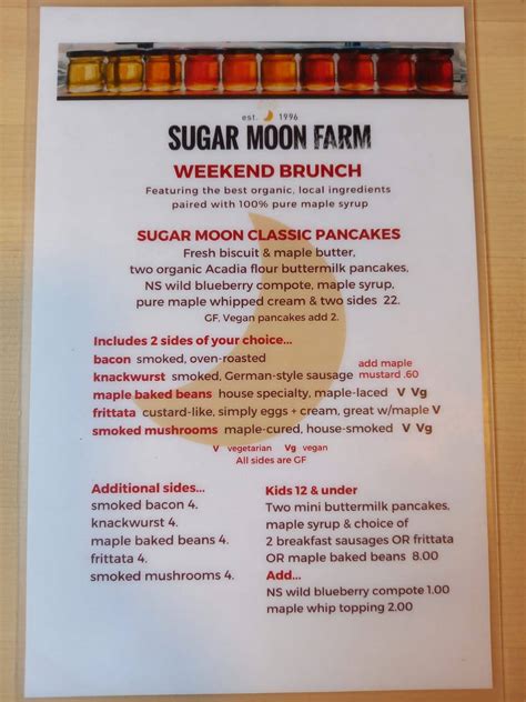 Menu at Sugar Moon Farm restaurant, Earltown