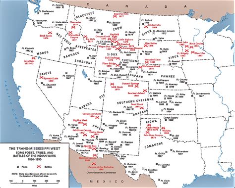 US: Map of Indian Posts, Tribes and Battles