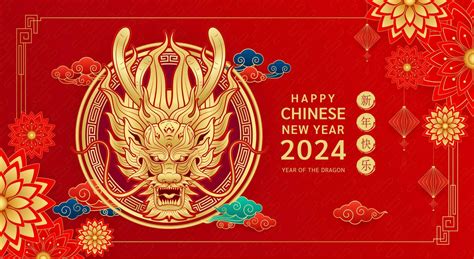 Happy Chinese New Year 2024. Chinese dragon gold zodiac sign on red ...