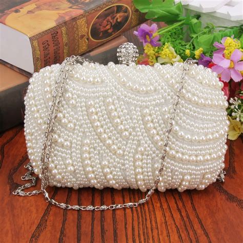 Oval Shaped Pearl Beaded Handbag Women White Clutch Bag Elegant Long ...