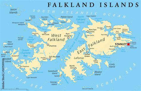 Fototapeta Falklandy, także Malwiny, mapa polityczna ze stolicą Stanley ...