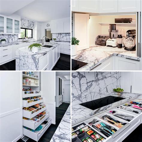 This Kitchen With A Grey Marble Countertop Is Full Of Storage And ...