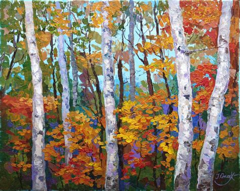 Birch tree painting on canvas Impasto Autumn forest Landscape | Etsy