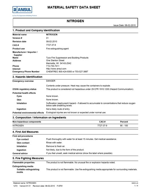 MSDS Ansul NITROGEN | PDF | Hazardous Waste | Resource Conservation And ...