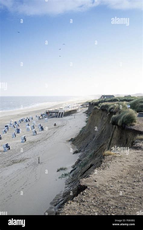 View of beach chairs, bar and dunes on West beach in Westerland, Sylt ...