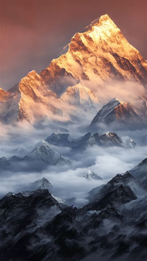 Himalayas mount Everest during a foggy sunset night, Sagarmatha ...