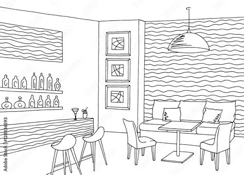 Cafe bar interior graphic art black white sketch illustration vector ...