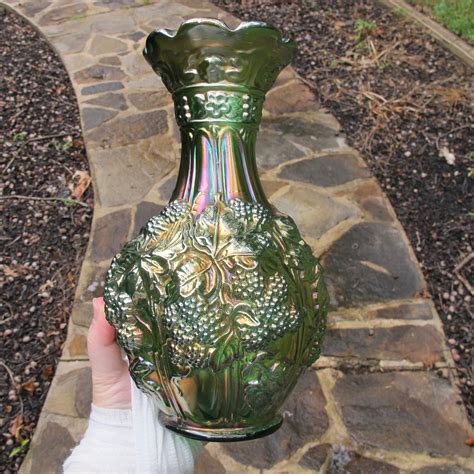 Antique Green Carnival Glass Vase - Glass Designs