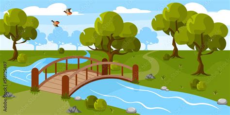 Vector illustration of a beautiful forest bridge. Cartoon forest ...