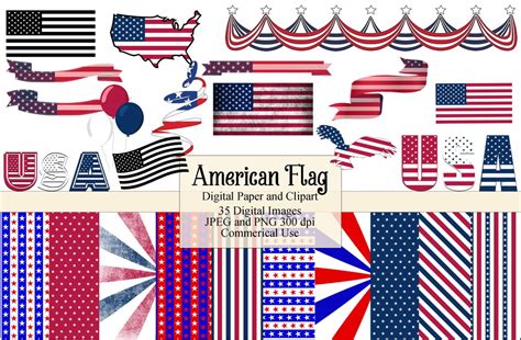 American Flag Patriotic Clipart and Digital Paper Bundle - Etsy