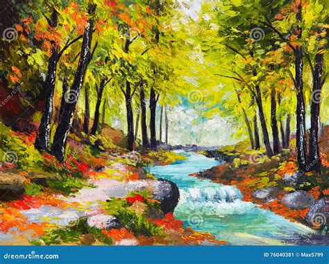 Landscape Oil Painting - River in Autumn Forest Stock Illustration ...