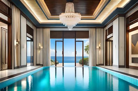 Premium Photo | A pool in a hotel with a view of the ocean.