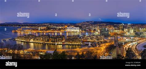 Oslo Norway Scandinavia, night aerial view panorama city skyline at ...