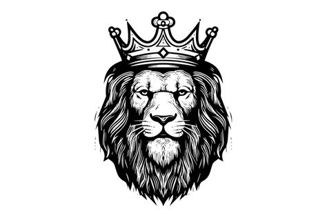 The lion head in crown hand draw vintage engraving black and white ...