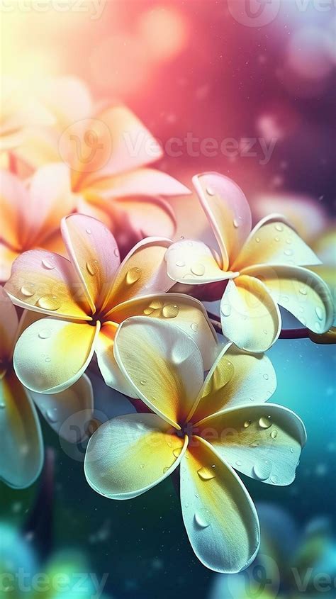 AI generated Close-up plumeria flowers with drops of water background ...