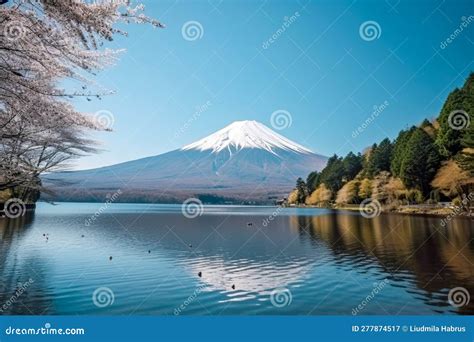 Mt Fuji and Cherry Blossom at Kawaguchiko Lake in Japan. Generative AI ...