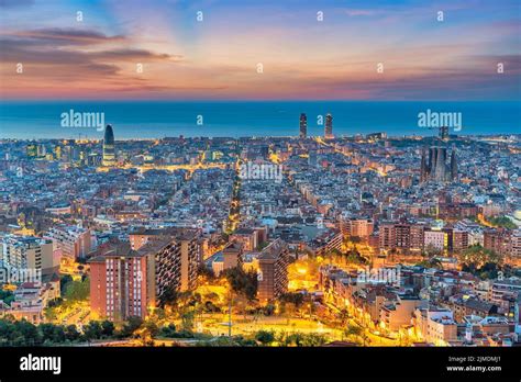 Barcelona Spain, high angle view night city skyline from Bunkers del ...