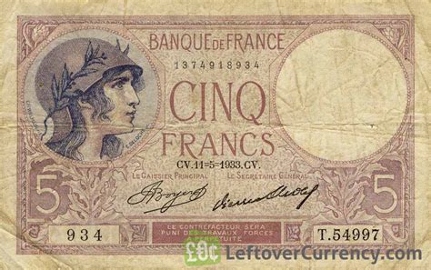 5 French Francs banknote (Violet) - Exchange yours for cash today