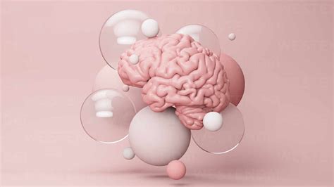 Three dimensional render of human brain floating amid various bubbles ...