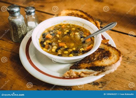 Tasty Vegetable Soup with Toasts on the Table. Stock Image - Image of ...