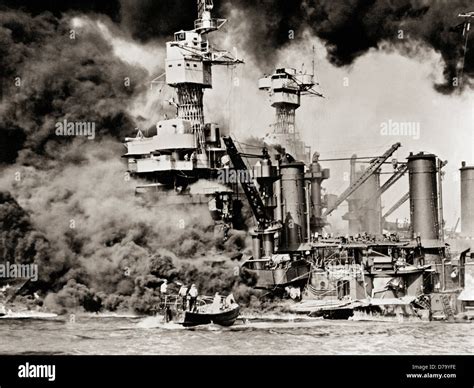 Ships Burning Sinking After Attack on Pearl Harbor Stock Photo - Alamy