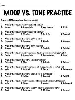 Mood and Tone Tutorial Reading Comprehension Worksheet, Middle School ...