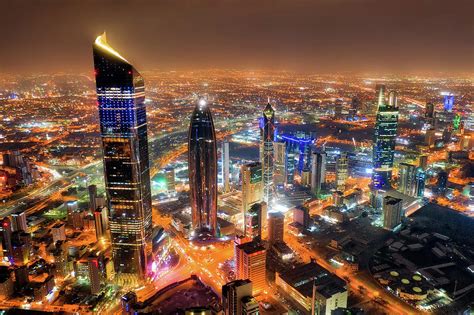 Kuwait Tower City Skyline glowing at night, taken in Kuwait in D ...