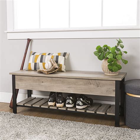 Modern Farmhouse Gray Wash Storage Bench with Shoe Shelf by Manor Park ...