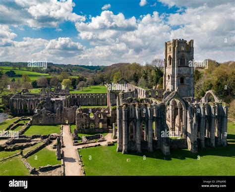 Aerial view of the ruins of Fountains Abbey near Ripon in North ...