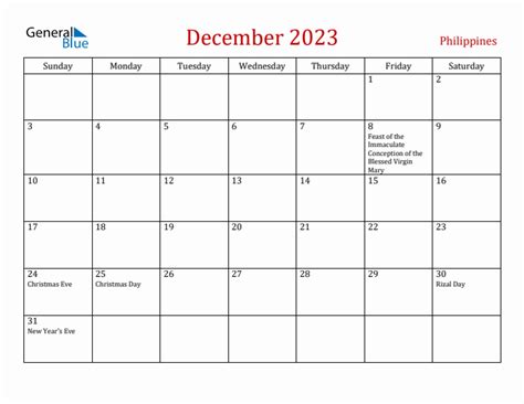 December 2023 Philippines Monthly Calendar with Holidays