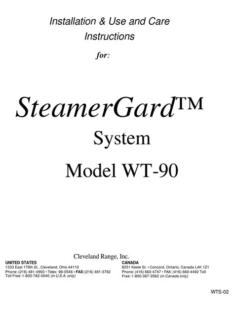 CLEVELAND STEAMERGARD SYSTEM WT-90 INSTALLATION, USE AND CARE ...