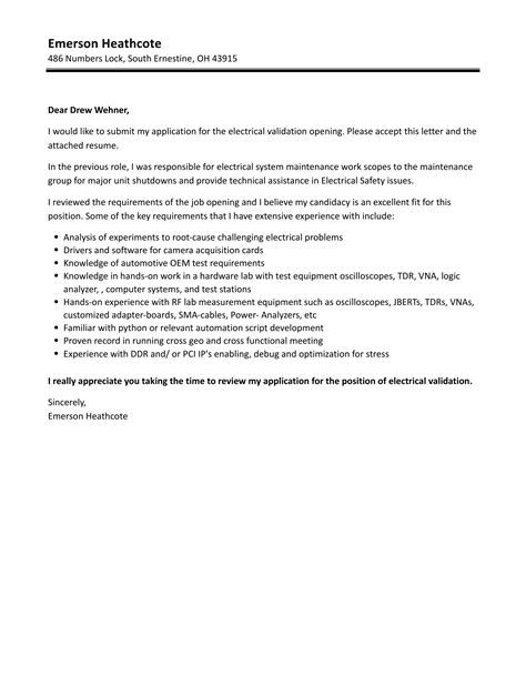 Electrical Validation Cover Letter | Velvet Jobs