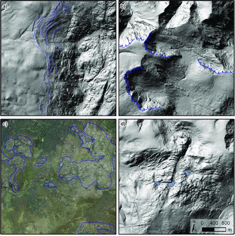 Examples of glacial landforms through hill-shade DEM. (a) Moraine ...