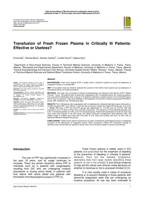 (PDF) Transfusion of Fresh Frozen Plasma in Critically Ill Patients ...