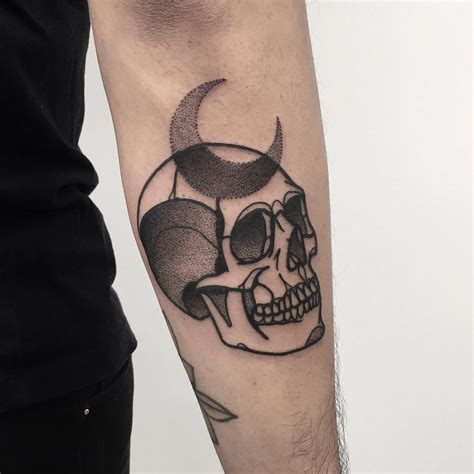 Dotwork skull and crescent moon tattoo - Tattoogrid.net