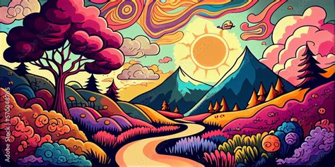 Colorful psychedelic landscape cartoon style wallpaper. 70s Hippie ...