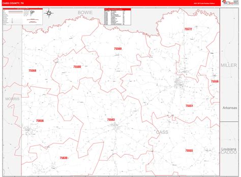 Cass County, TX Zip Code Wall Map Red Line Style by MarketMAPS - MapSales