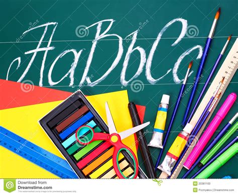 Art school supplies. stock photo. Image of green, letters - 20381100