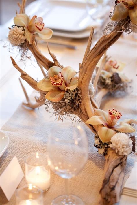 A beautiful orchid and driftwood centerpiece idea! Dressed-up rustic ...