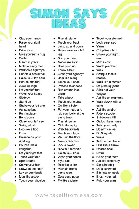 The Ultimate List Of Simon Says Ideas & FREE Printable! - Take It From Jess