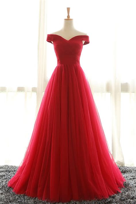 Off Shoulder Red Bridesmaid Dress, Red Prom Dresses,Off Shoulder Tulle ...