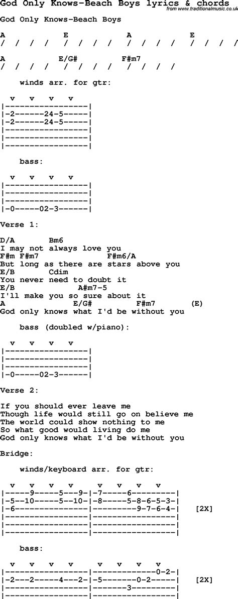 Love Song Lyrics for:God Only Knows-Beach Boys with chords.