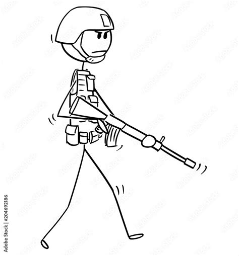 Cartoon stick man drawing conceptual illustration of modern soldier ...