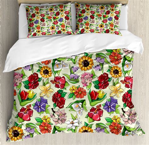 Floral Duvet Cover Set King Size, Vibrant Colored Print of Rousing ...