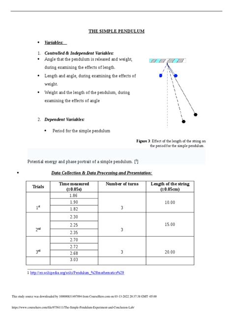 The Simple Pendulum Experiment and Conclusion Lab | PDF | Pendulum | Mass