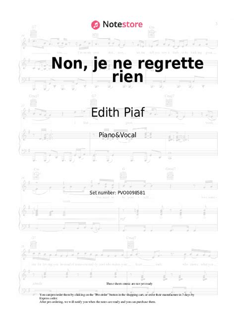 Non, je ne regrette rien piano sheet music and voice Edith Piaf in Note ...